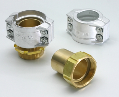 Click to enlarge - Smooth tail re-usable safety clamp couplings. Couplings in brass or stainless steel and clamped onto hose by means of an aluminium clamp. These couplings are made to DIN 14 420-5.